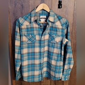 Ariat Boys Teal and Beige Flannel Shirt (Size 14/16)